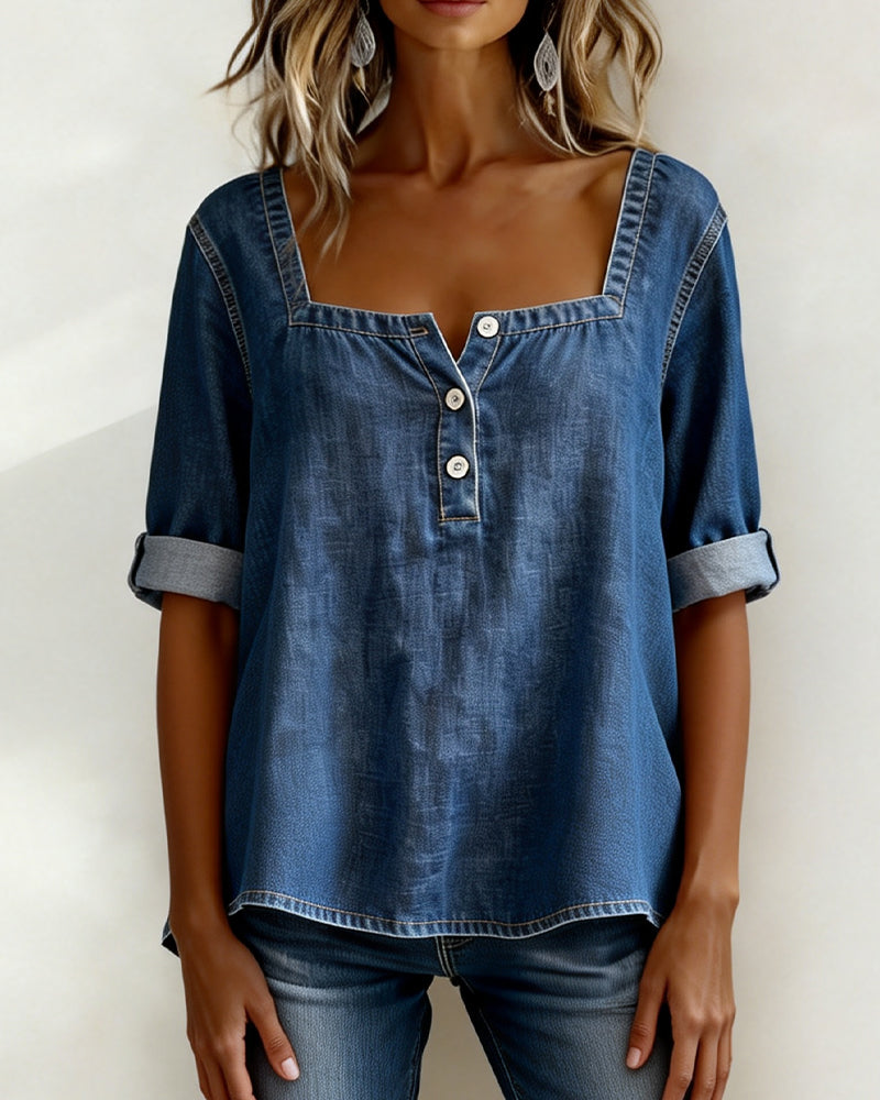 Avelia™ | Square Collar Denim Shirt