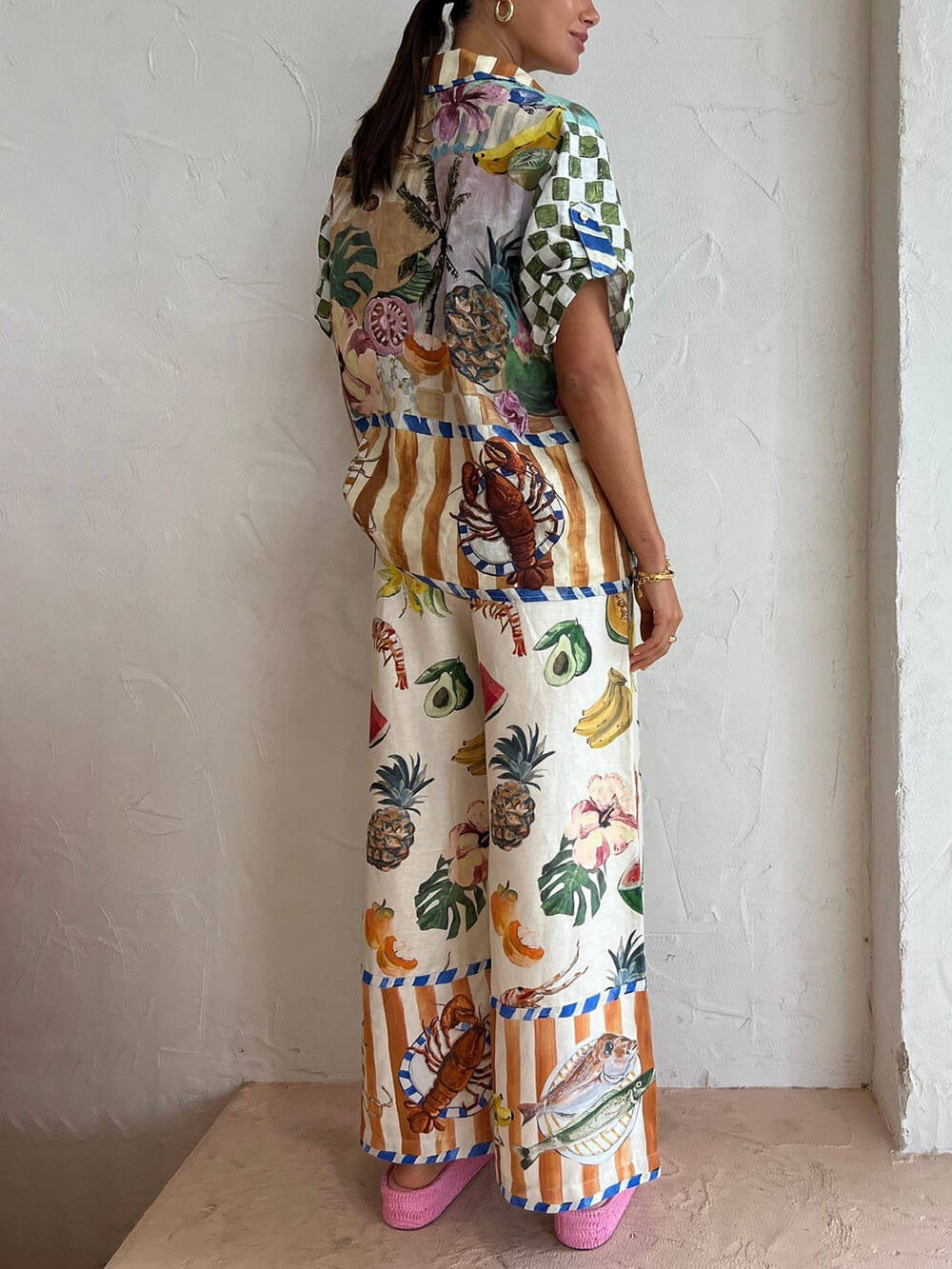 Tropical Wide Leg Pants Suit Overall