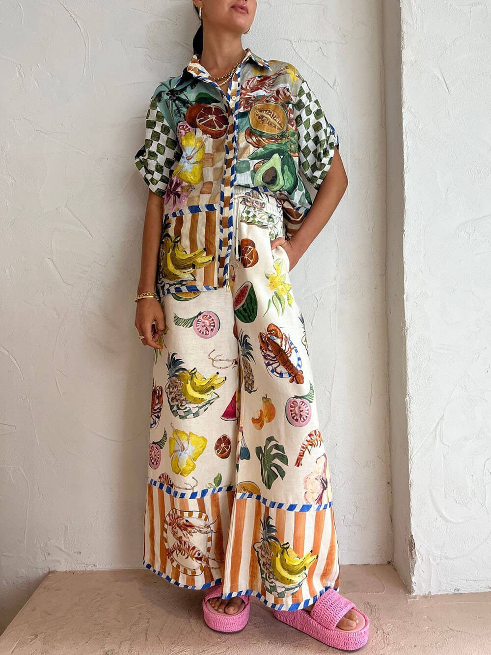 Tropical Wide Leg Pants Suit Overall
