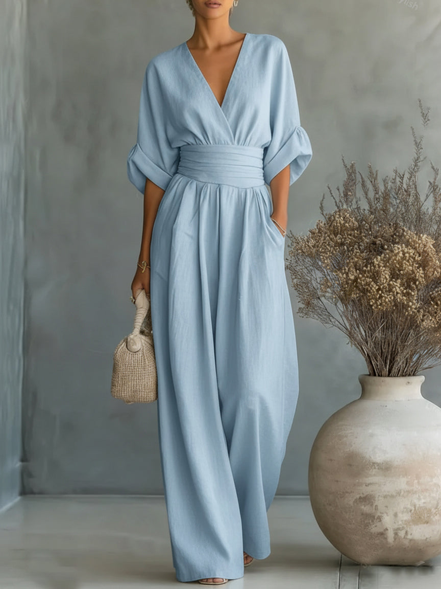 Eliane™ | Pastel Blue V-Neck Jumpsuit