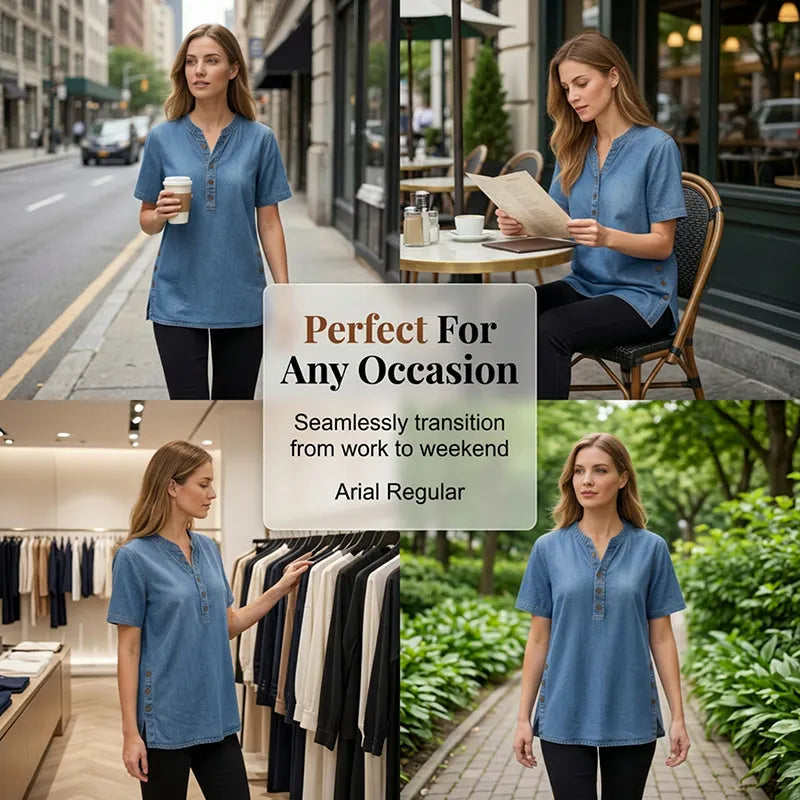 REAGAN | Denim Henley Tunic Top For Casual Everyday Blouse