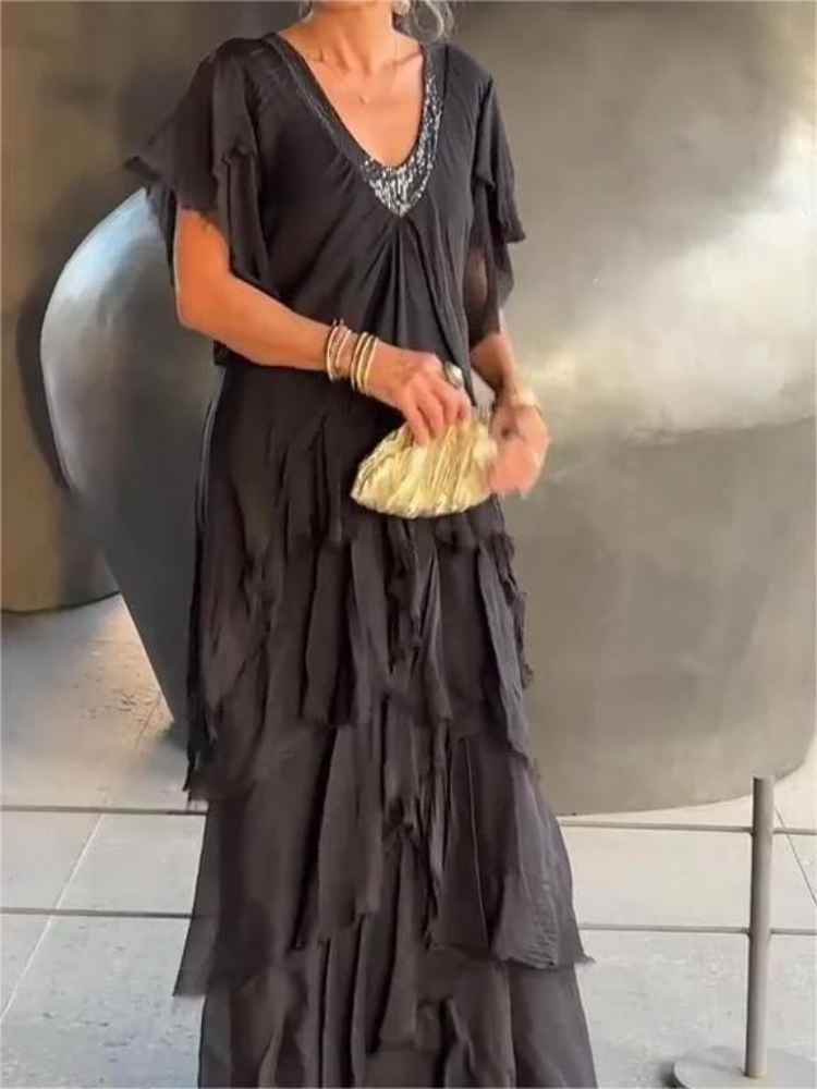 SAVANE | Long Flowing Dress with Elegant V-Neck