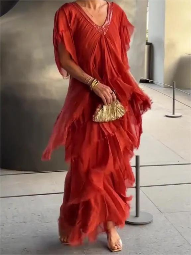 SAVANE | Long Flowing Dress with Elegant V-Neck