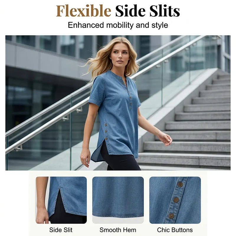 REAGAN | Denim Henley Tunic Top For Casual Everyday Blouse
