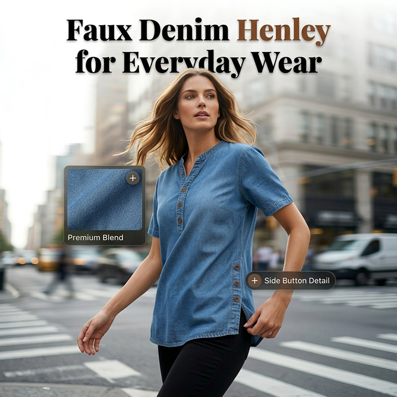 REAGAN | Denim Henley Tunic Top For Casual Everyday Blouse