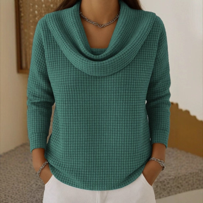 Amber™ – Warm Waffle Sweater with Elegant Waterfall Neckline