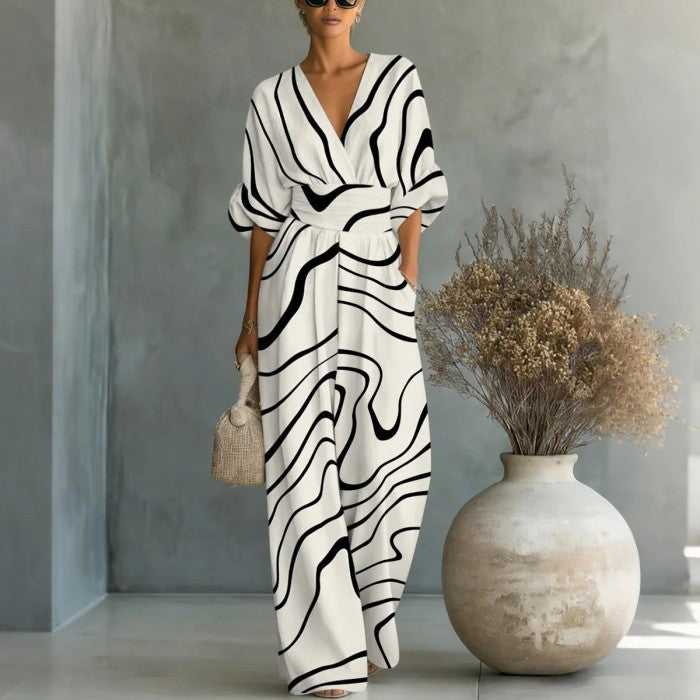 SERENITY | Palm Print Jumpsuit Flattering Cinched Waist Effortless Island Style