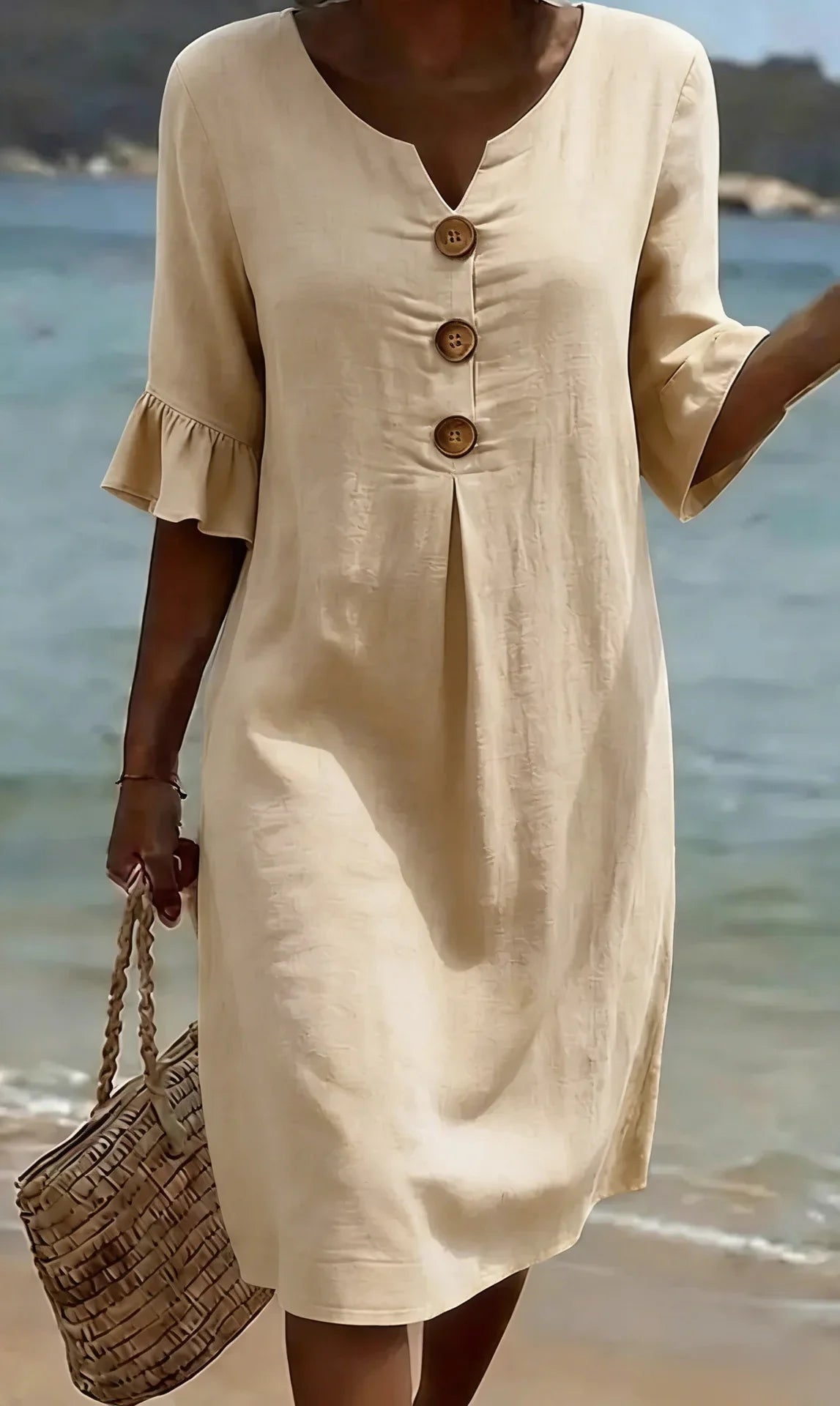 Brynn | White V-Neck Midi Dress with Ruffle Sleeves and Wooden Button Detail