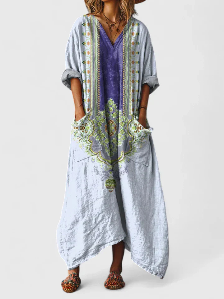 Indie | Women's Cotton Boho Print Front Pocket Maxi Dress