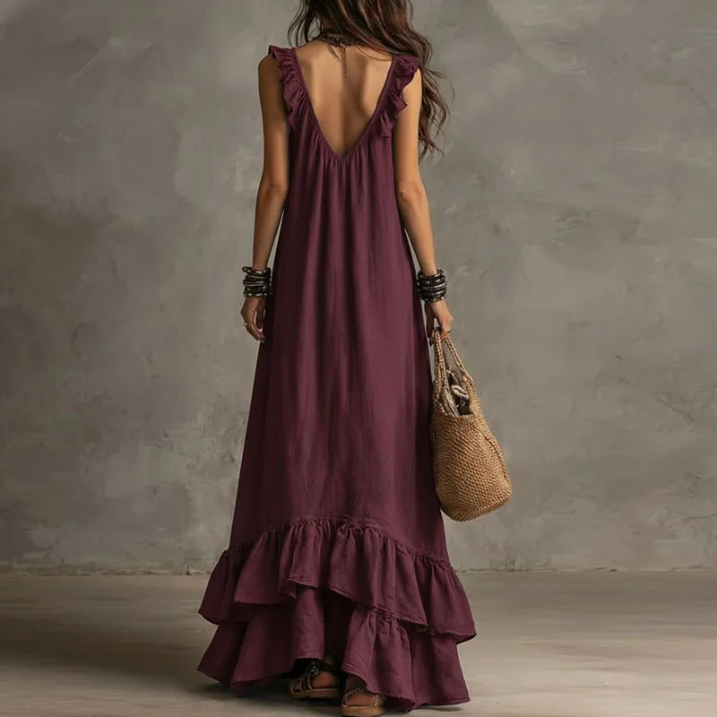 MERLOT | Burgundy Ruffle Maxi Dress with Tiered Hem