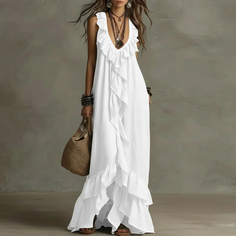 MERLOT | Burgundy Ruffle Maxi Dress with Tiered Hem