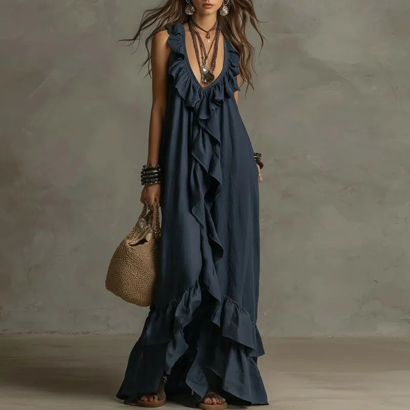 MERLOT | Burgundy Ruffle Maxi Dress with Tiered Hem