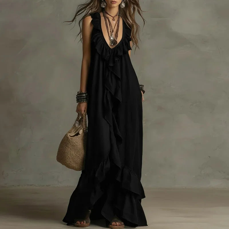 MERLOT | Burgundy Ruffle Maxi Dress with Tiered Hem