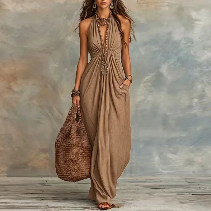 NOVA | Halter Deep V-Neck Flowy Maxi Dress with Draped Bodice