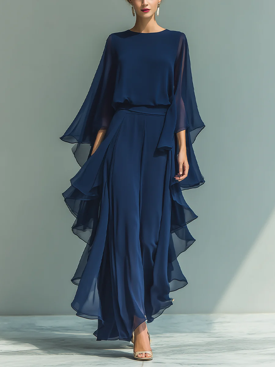 Quinn | Formal Two-Piece Set with Bell Sleeves and Cascading Ruffle Detail