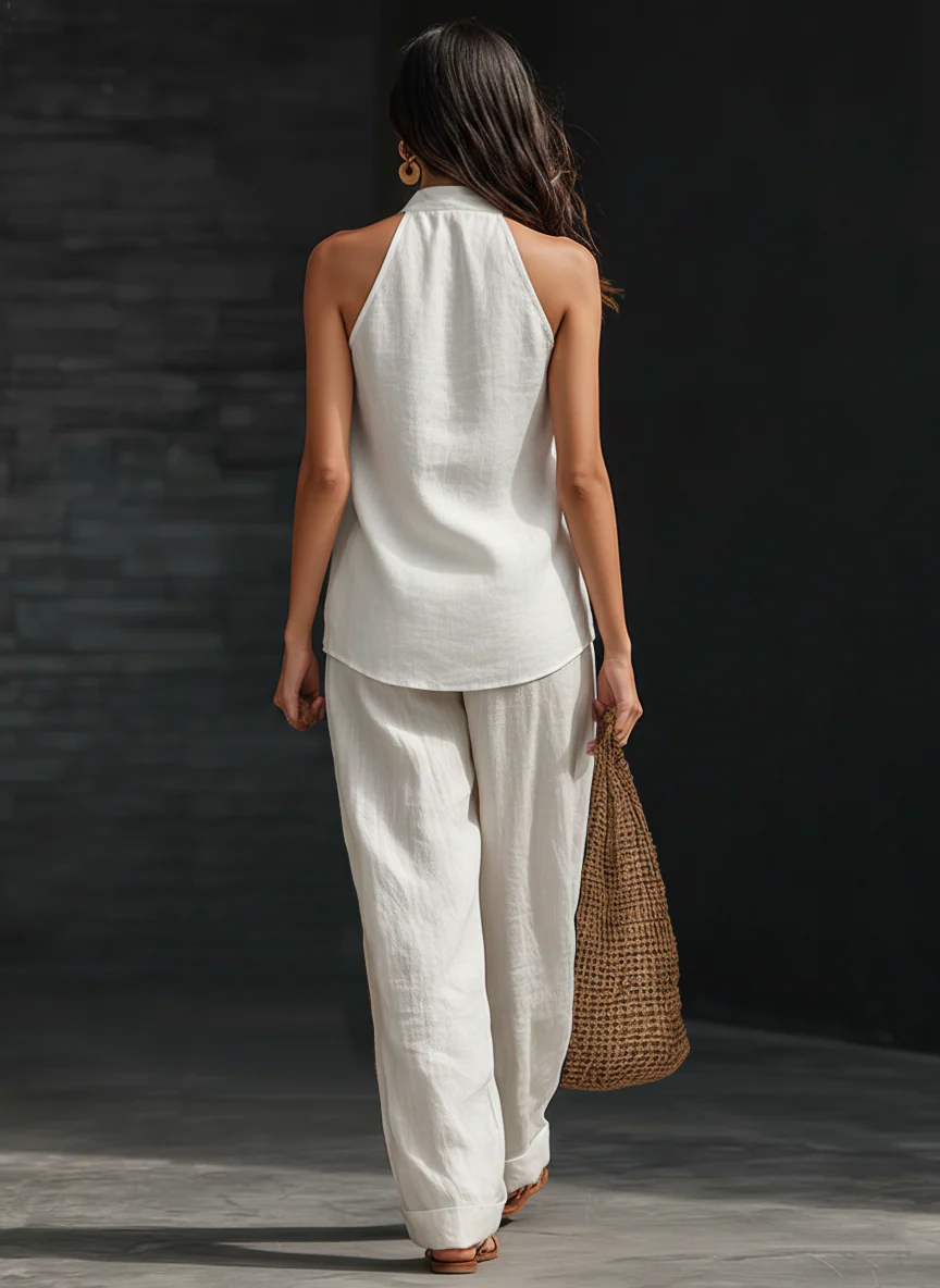 Amelia | Faux Linen V-Neck Top & Wide-Leg Pants Set