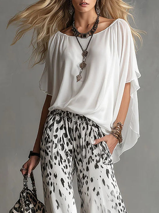 Monica | Boat-Neck T-Shirt & Gradient Leopard Chiffon Pants Set