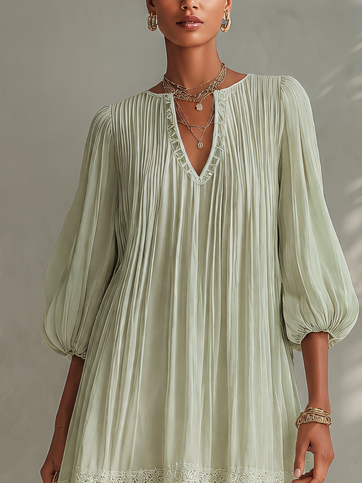 Light Green Pleated Chiffon Lantern Sleeve Lace Mini Dress