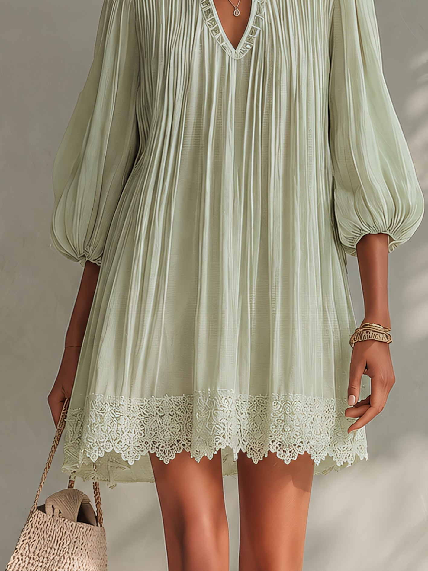 Light Green Pleated Chiffon Lantern Sleeve Lace Mini Dress