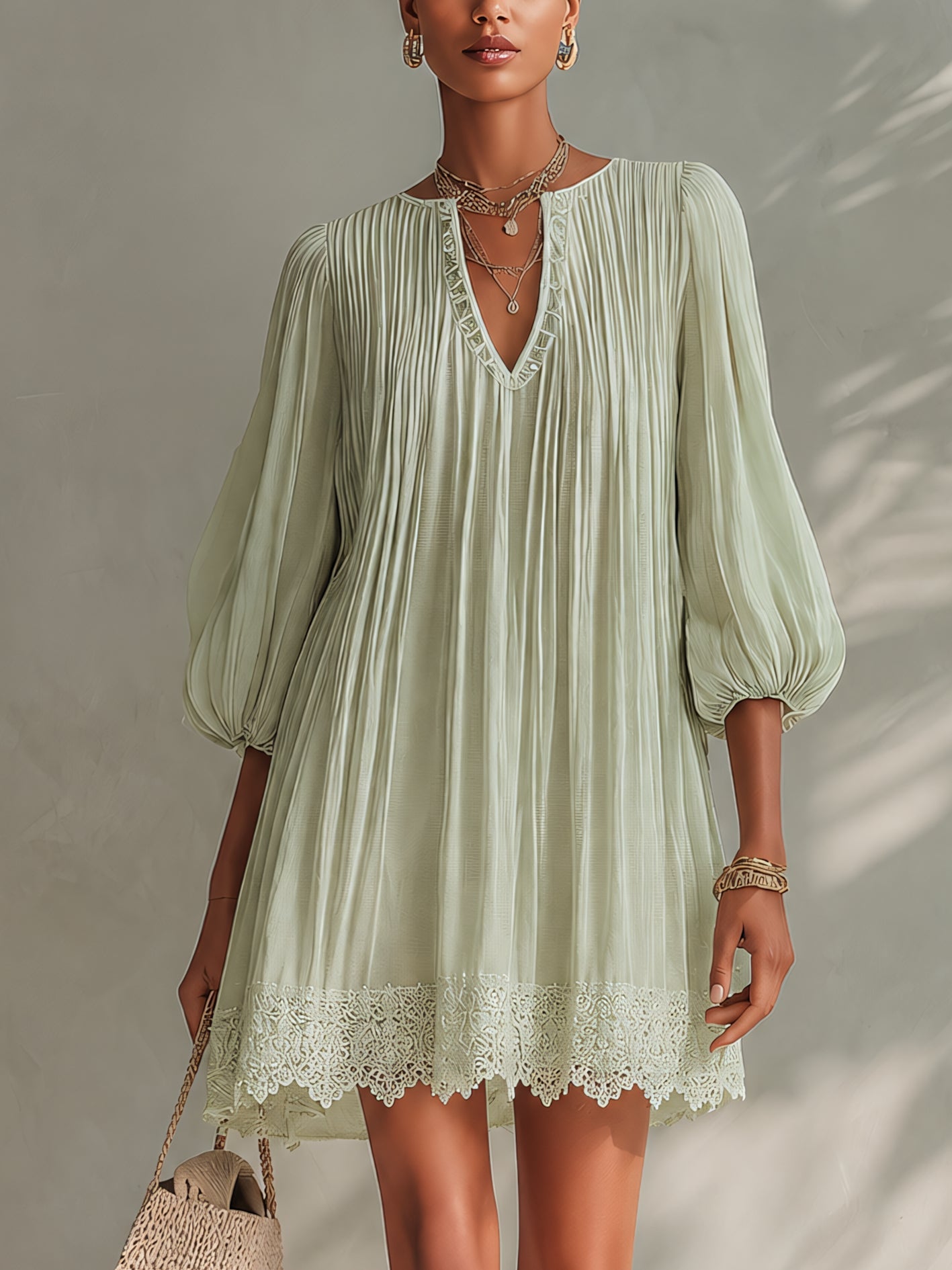 Light Green Pleated Chiffon Lantern Sleeve Lace Mini Dress