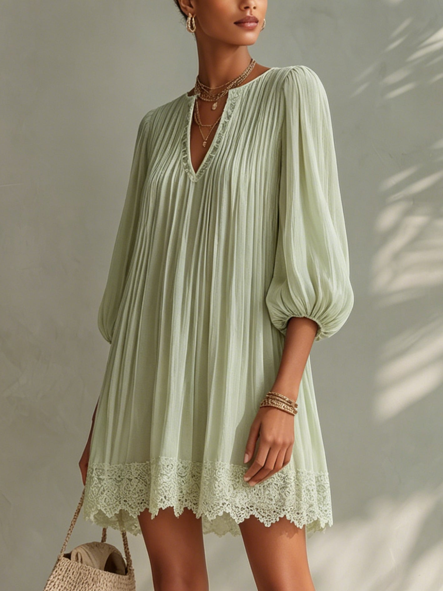 Light Green Pleated Chiffon Lantern Sleeve Lace Mini Dress