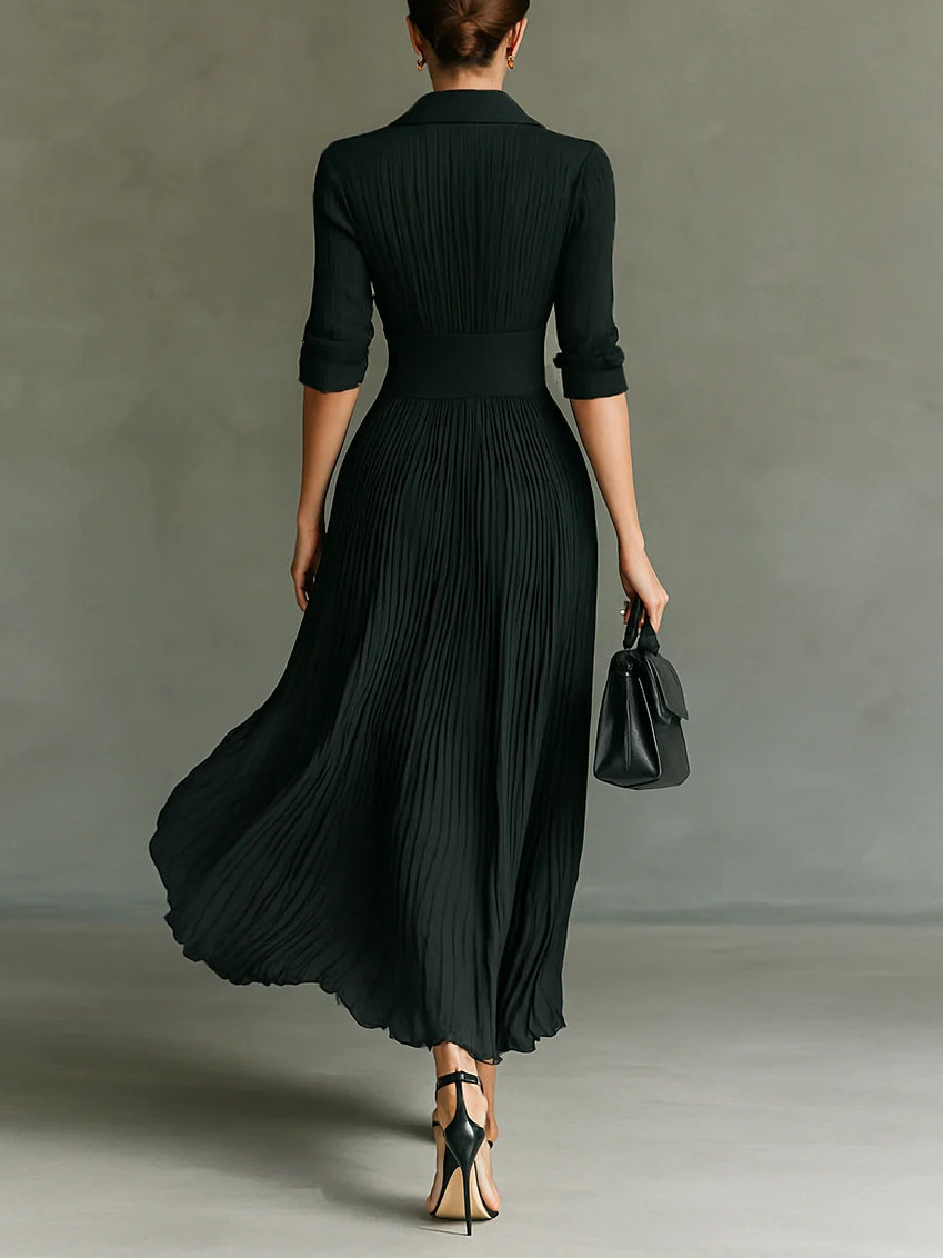 Elvira | Long Pleated Dress with Lapels and High Waist