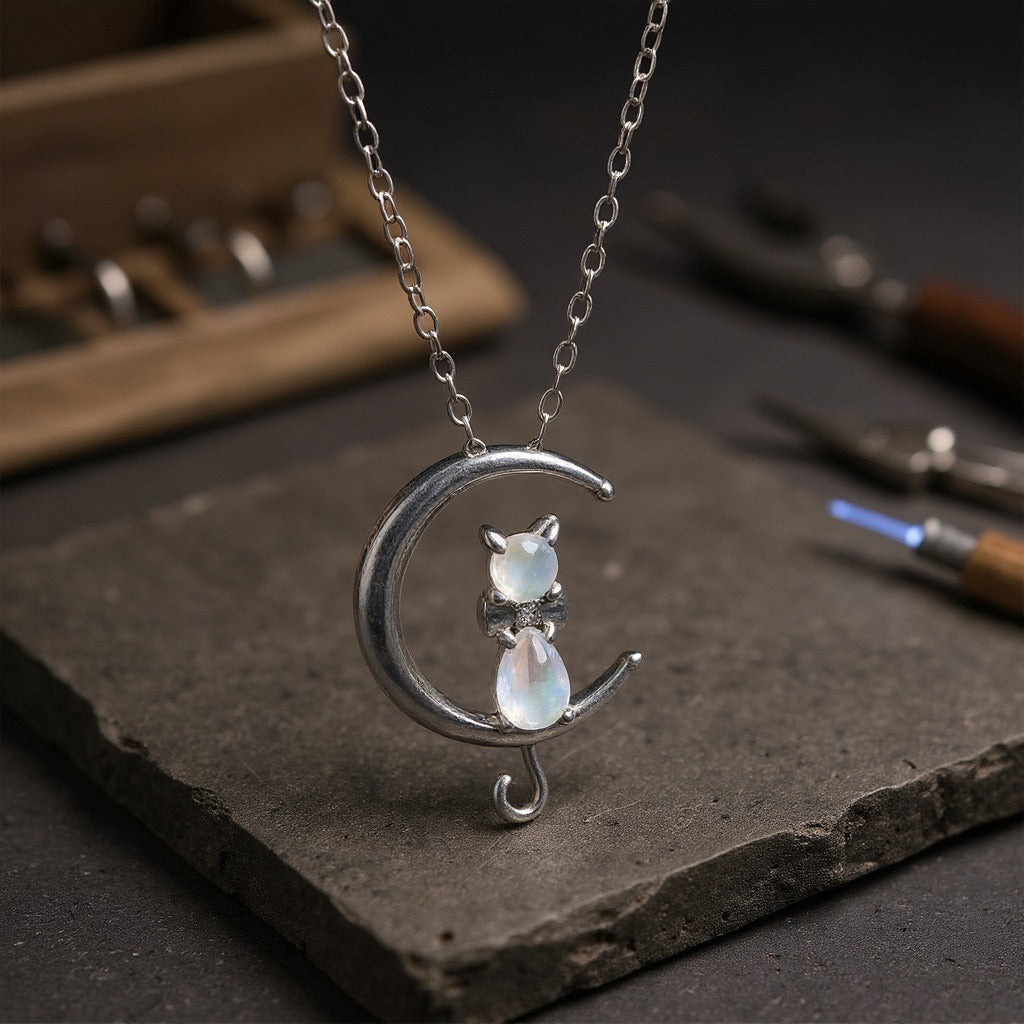 Necklace with moonstone in the shape of a crescent moon and cat