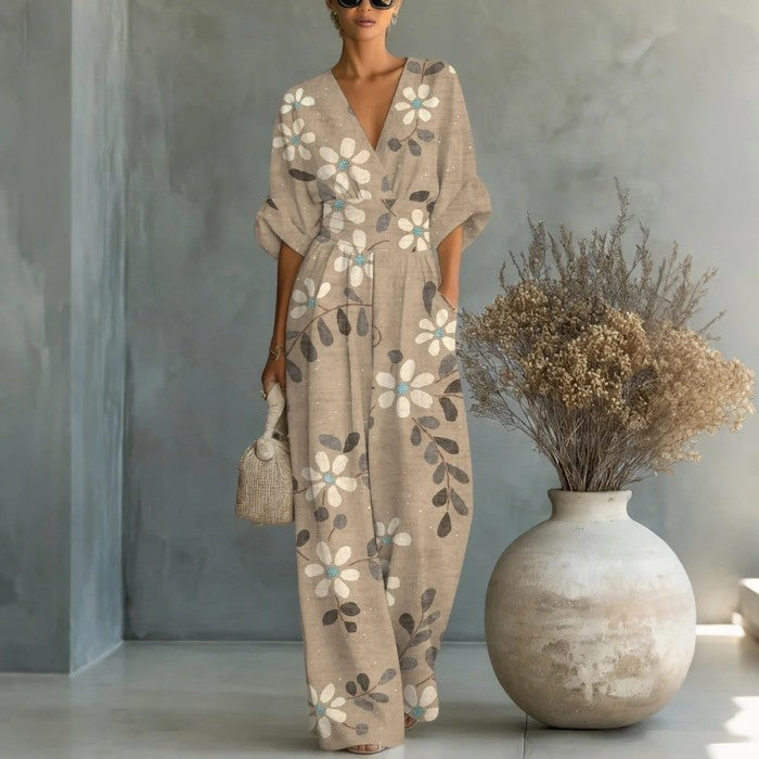 SERENITY | Palm Print Jumpsuit Flattering Cinched Waist Effortless Island Style