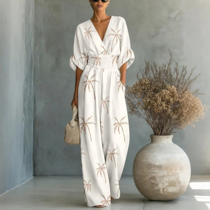 SERENITY | Palm Print Jumpsuit Flattering Cinched Waist Effortless Island Style