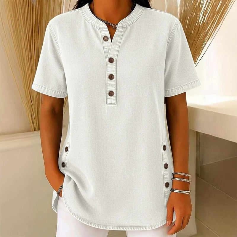 REAGAN | Denim Henley Tunic Top For Casual Everyday Blouse