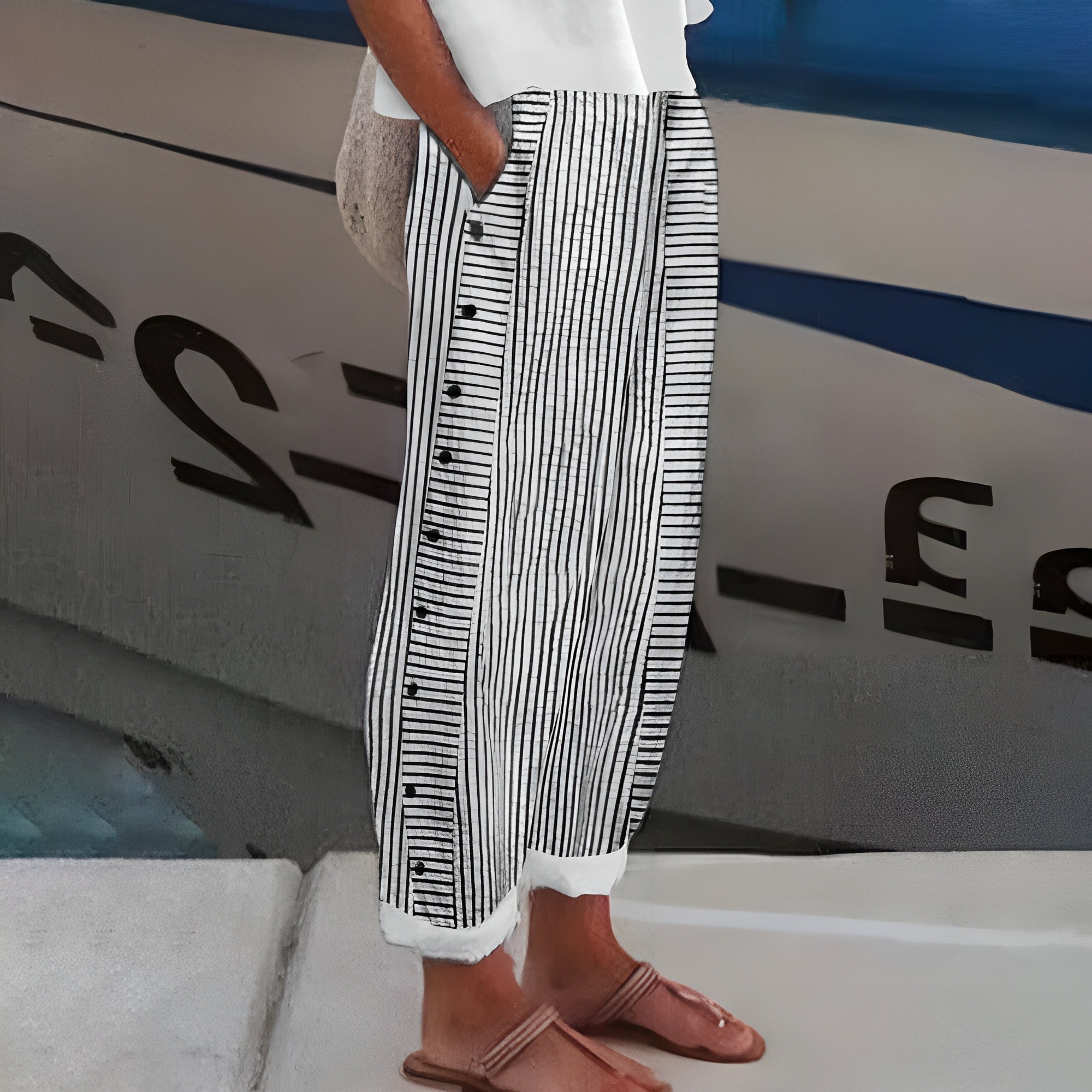 ELENA | Light Summer Pants with Thin Stripes and Side Buttons for Casual Chic Style