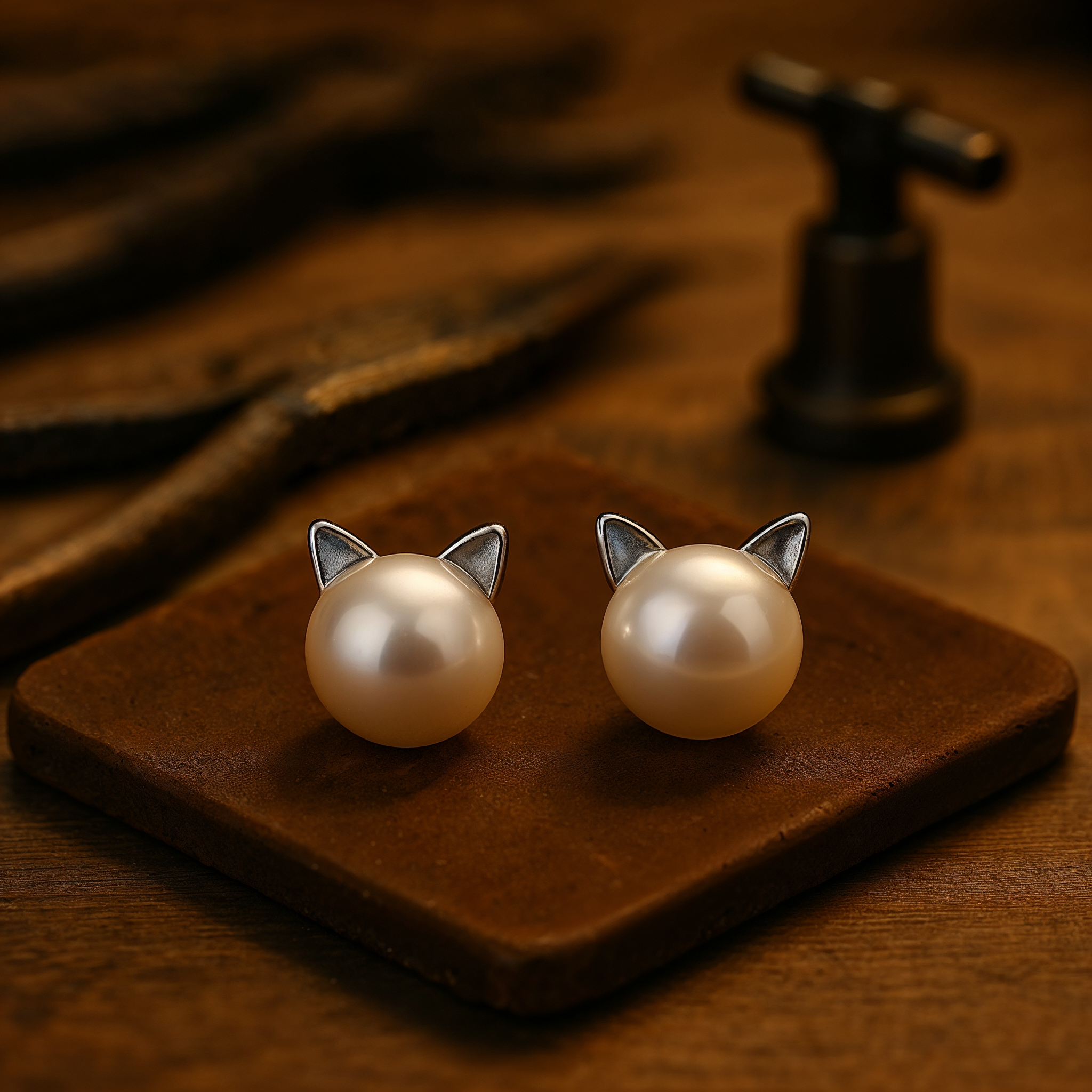 Earrings with Knot in Sterling Silver with Cat-Shaped Pearl