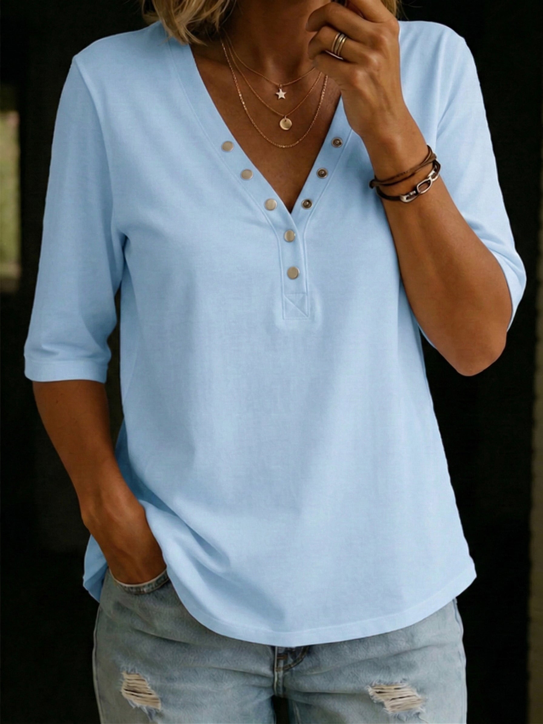 Mila™ | V-neck T-shirt with Snap Buttons