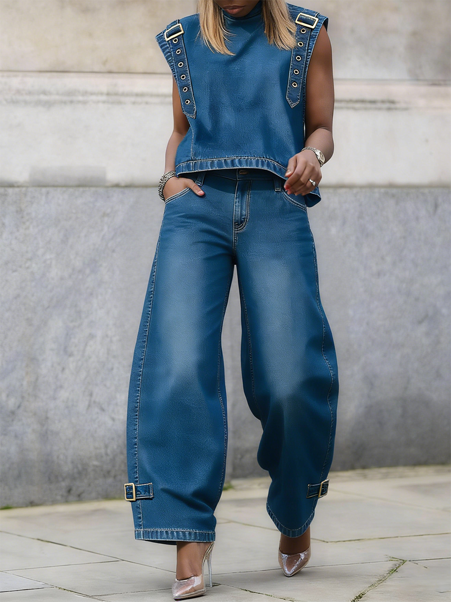 Jade™ | Sleeveless Denim Shirt with High Collar
