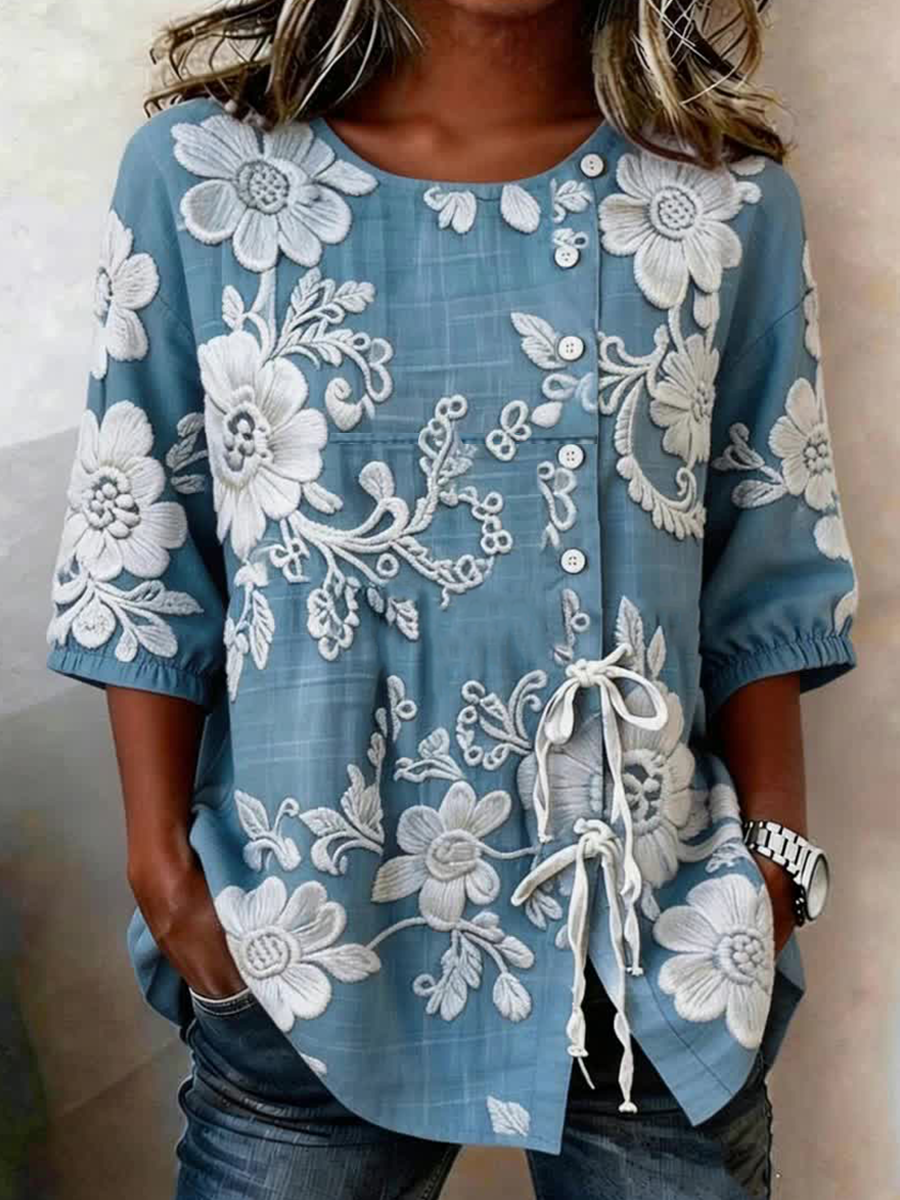 Herbier™ | Button-Up Cotton-Linen Shirt with Lace