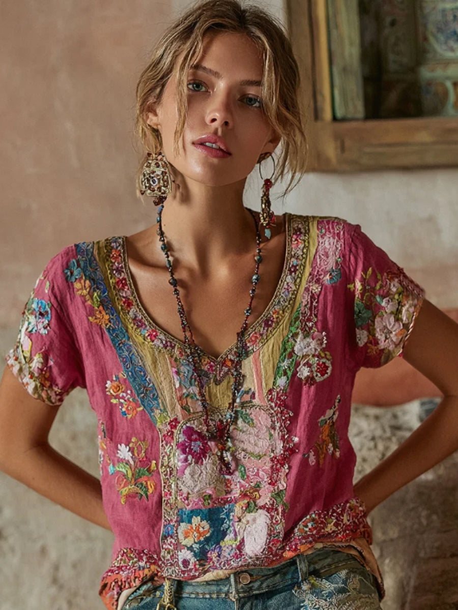 Boheme™ | Floral Embroidered V-Neck Shirt