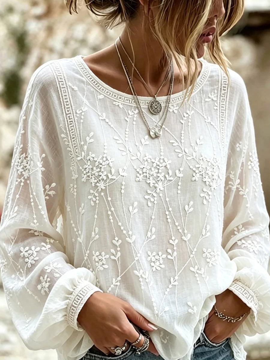 Broderie™ | Vintage Cotton-Linen V-Neck Top