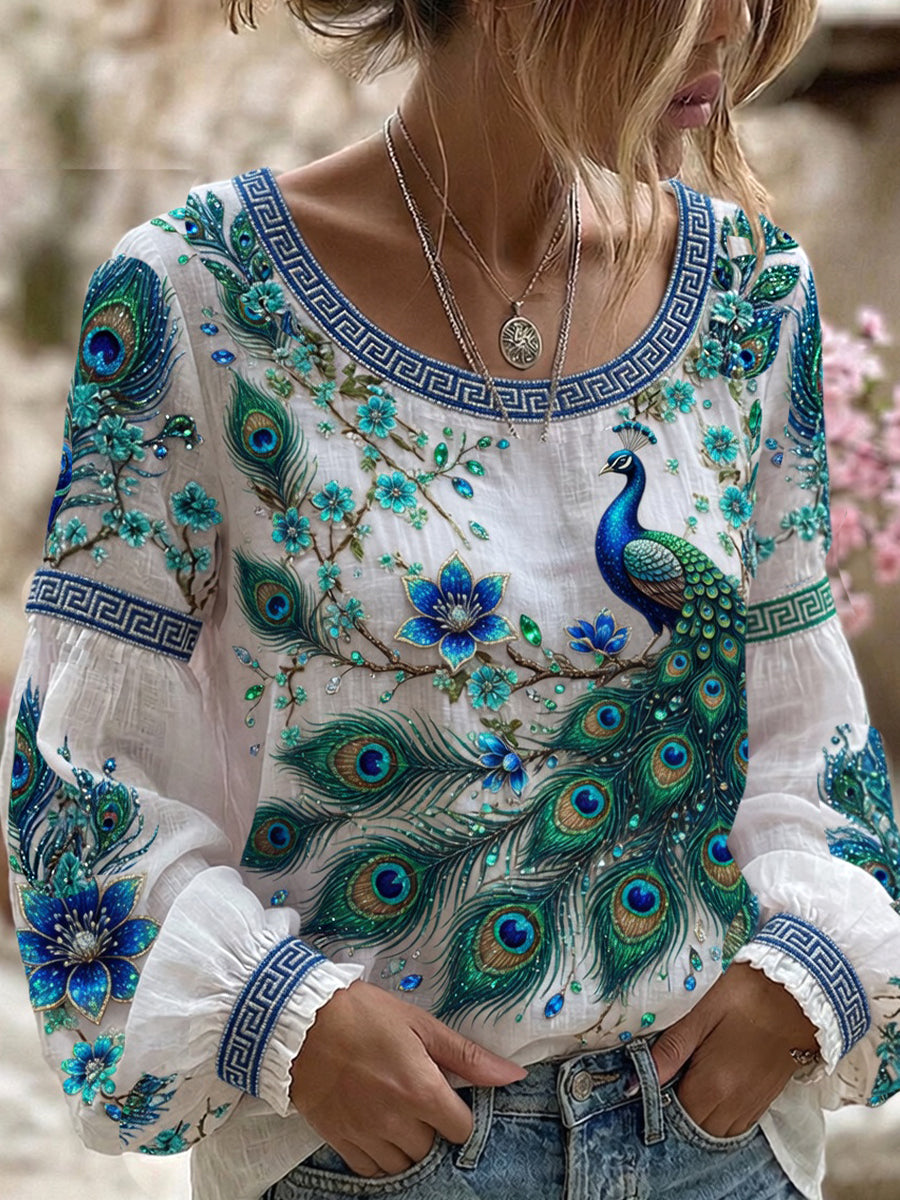 Peacock™ | Top vintage cotton-linen printed art