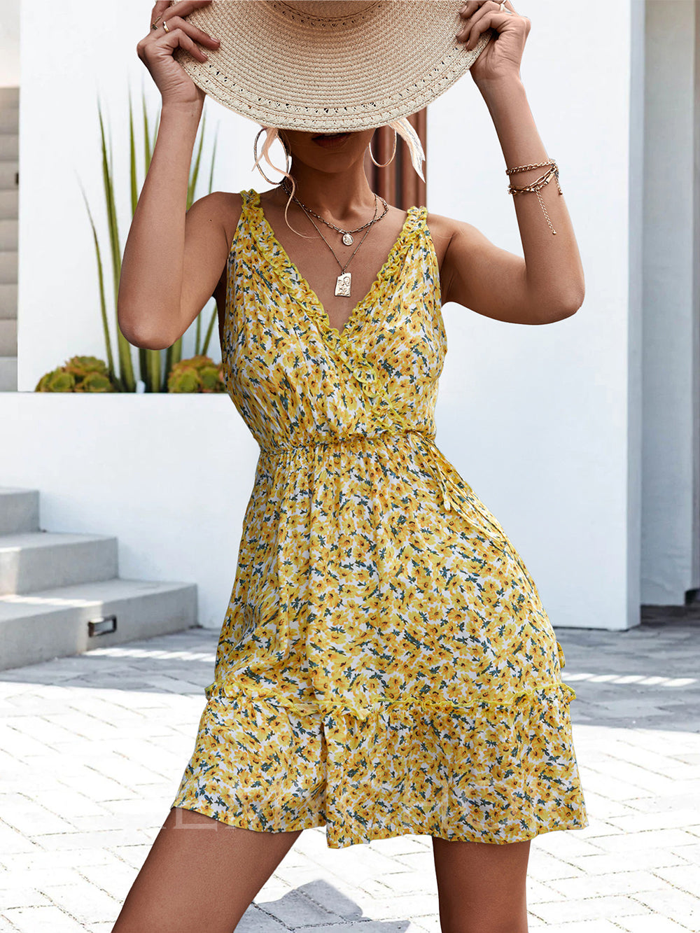 Sexy Sonnenkleid mit Rüschen und V-Ausschnitt für Frauen