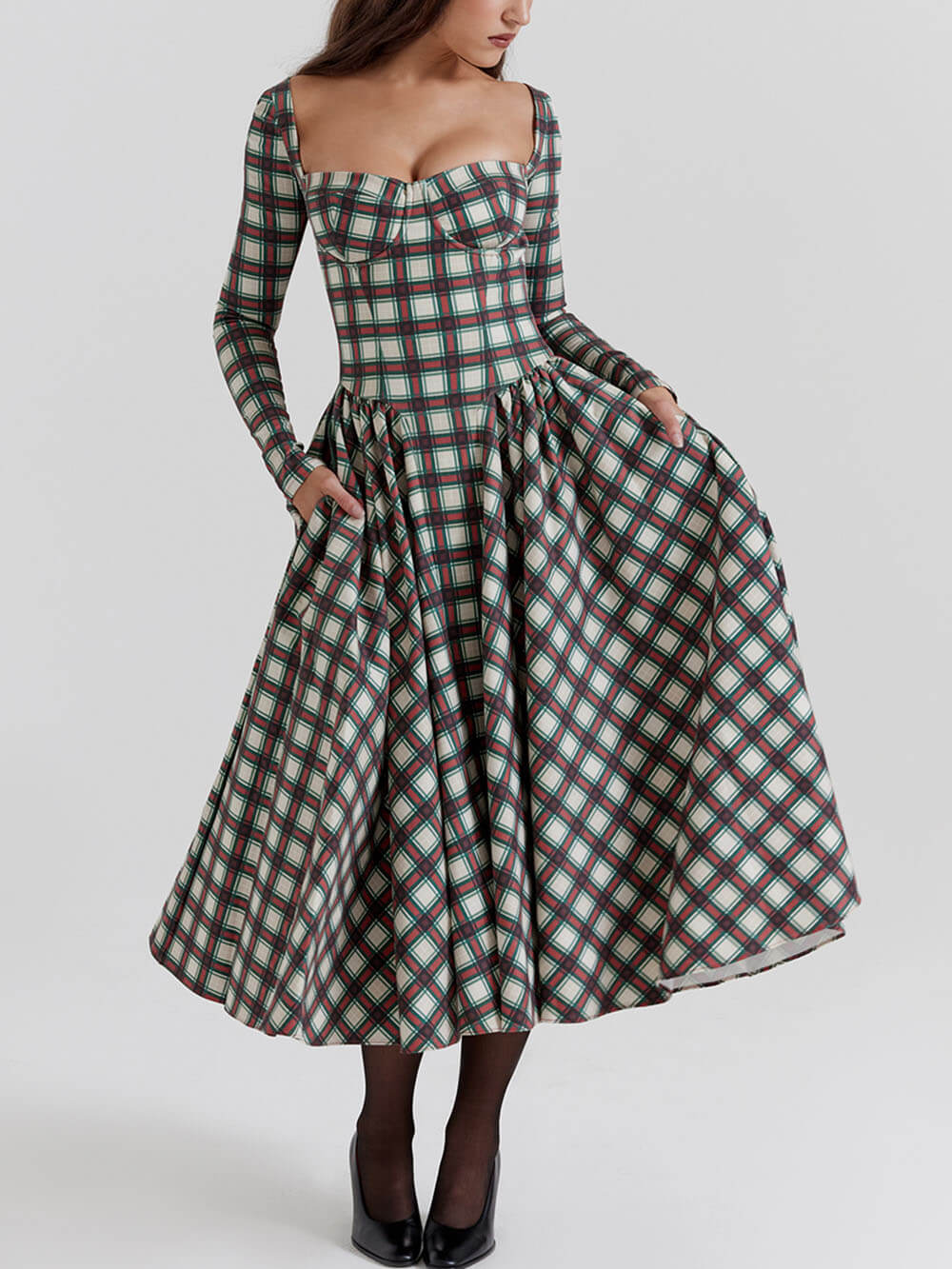 Kleid halblang Korsett Schottenmuster rot