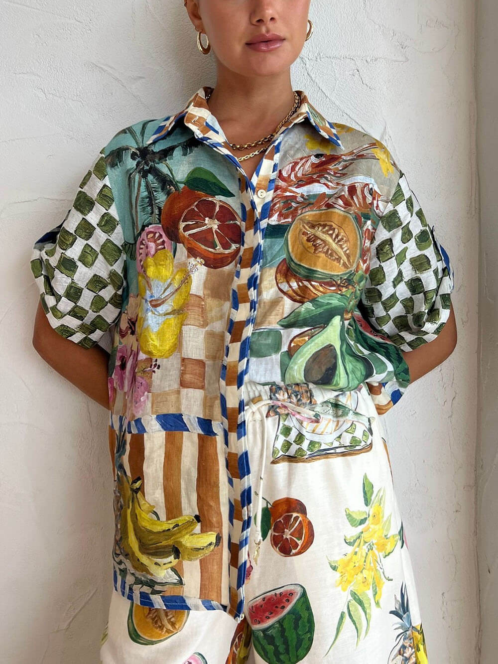 Tropical Wide Leg Pants Suit Overall