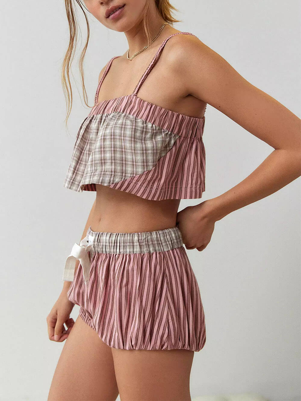 Pyjama-Set mit gestreifter Patchwork-Weste