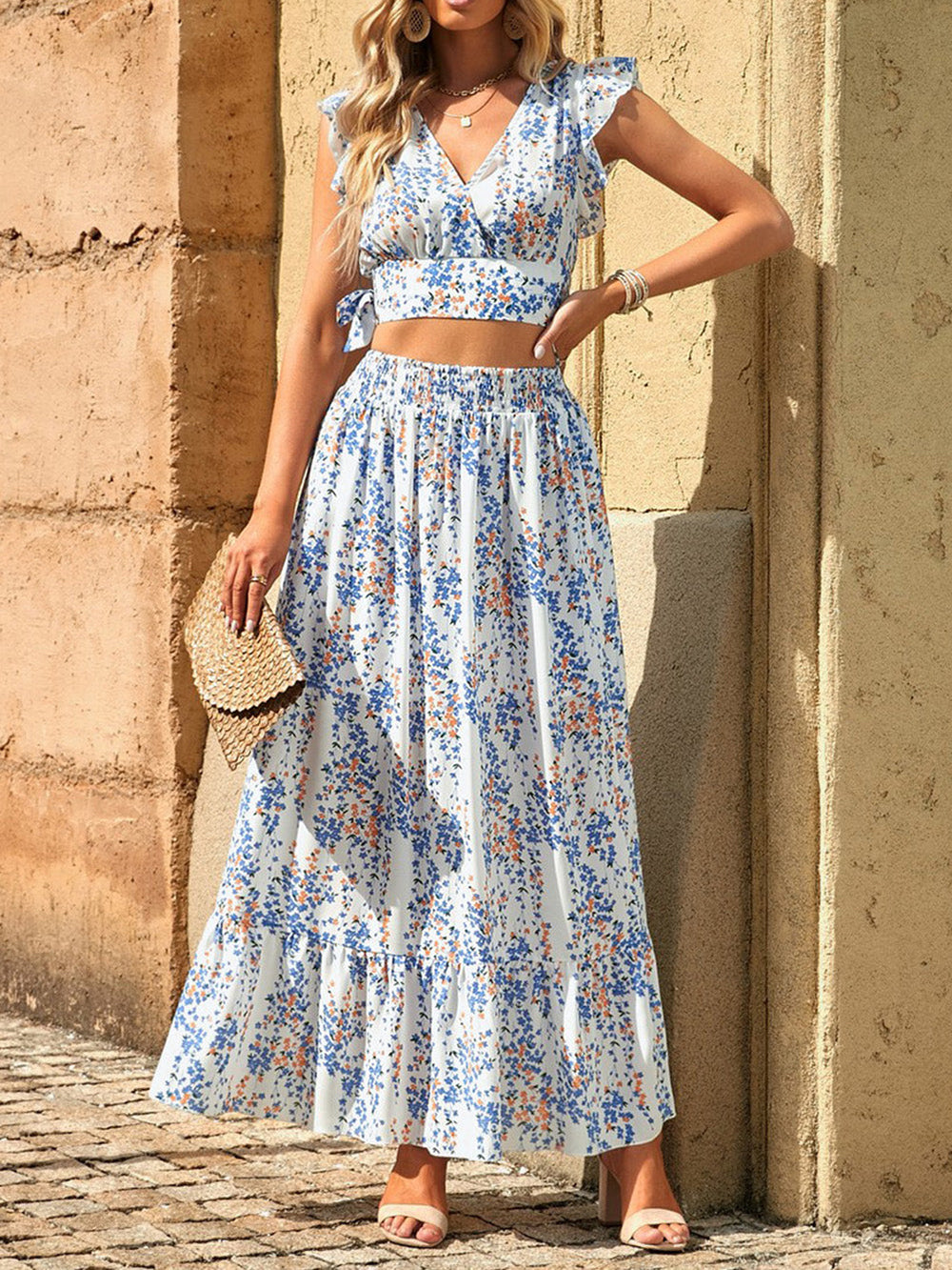 Set aus bedrucktem Crop-Top und langem Rock