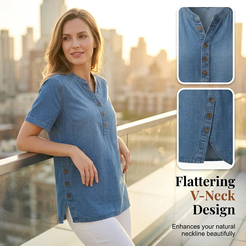 REAGAN | Denim Henley Tunic Top For Casual Everyday Blouse