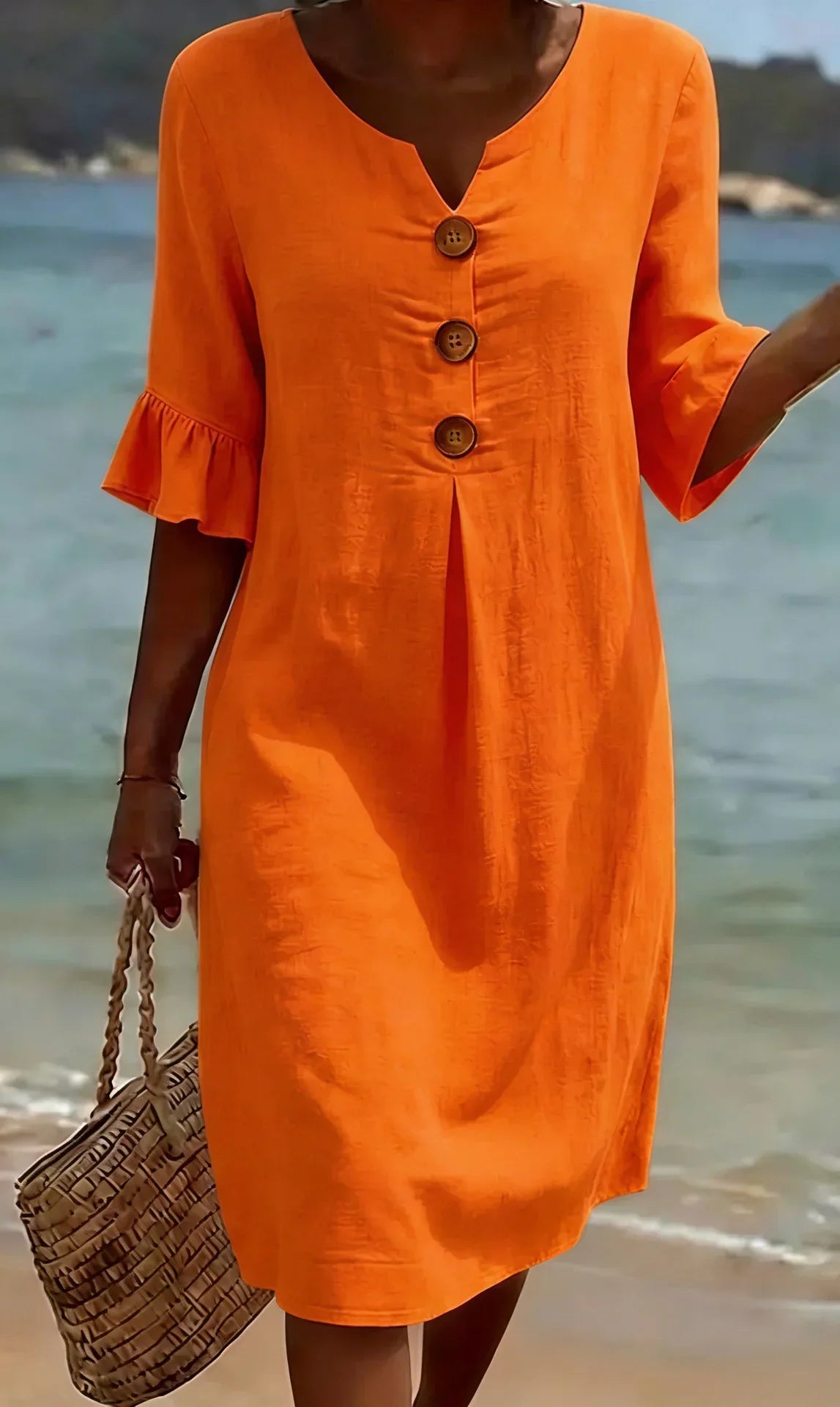 Brynn | White V-Neck Midi Dress with Ruffle Sleeves and Wooden Button Detail
