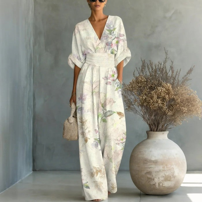 SERENITY | Palm Print Jumpsuit Flattering Cinched Waist Effortless Island Style