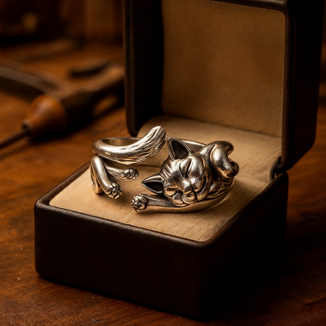 Vintage ring with cat in silver