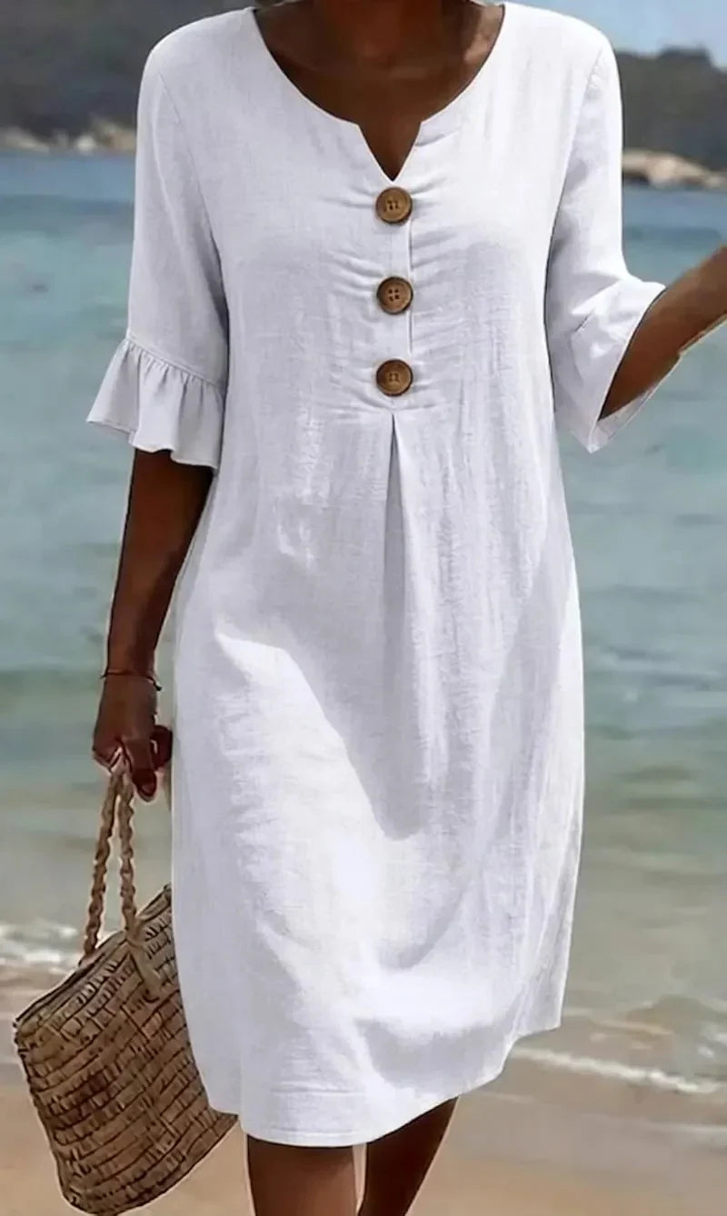 Brynn | White V-Neck Midi Dress with Ruffle Sleeves and Wooden Button Detail