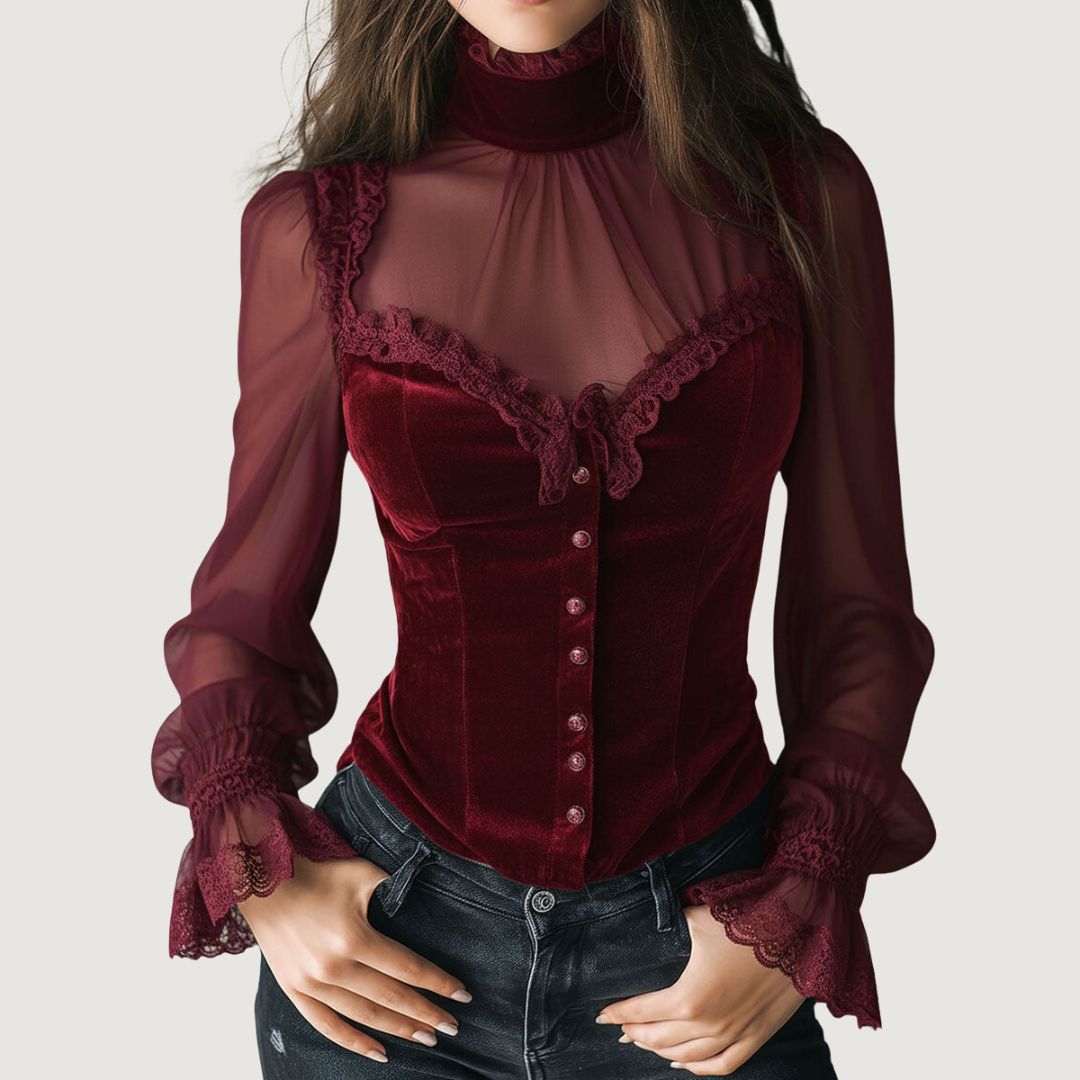 Samantha™ | Elegant Lace and Velvet Blouse