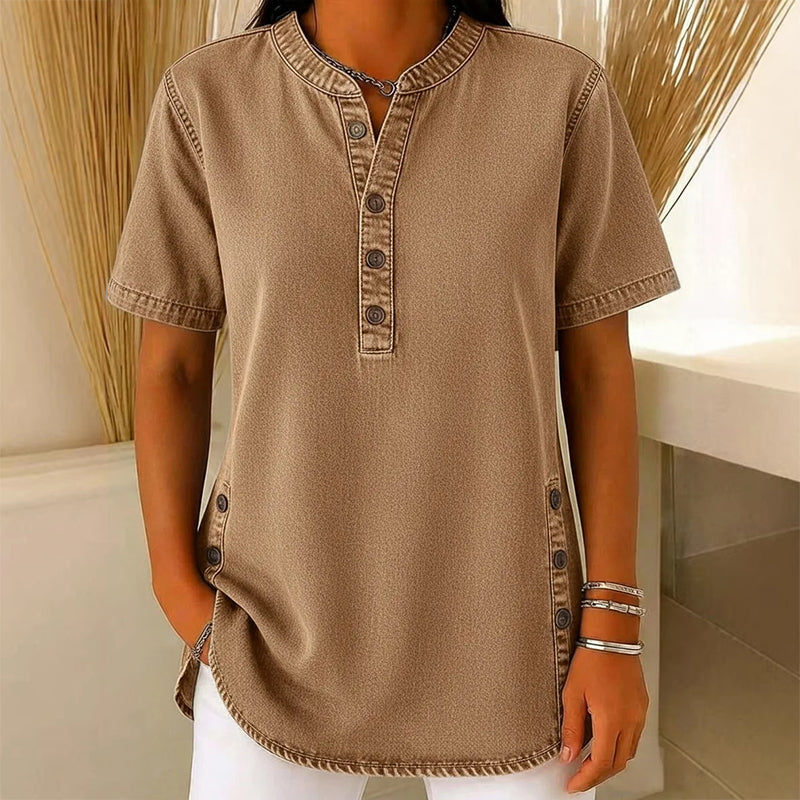 REAGAN | Denim Henley Tunic Top For Casual Everyday Blouse